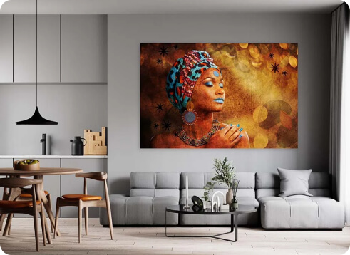 Groot kleurrijk schilderij in een moderne woonkamer